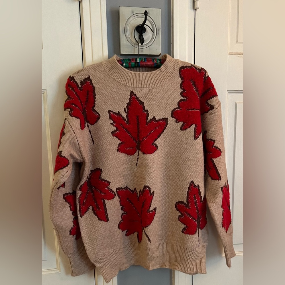 Maple Leaf Patterned Sweater - Red and Tan